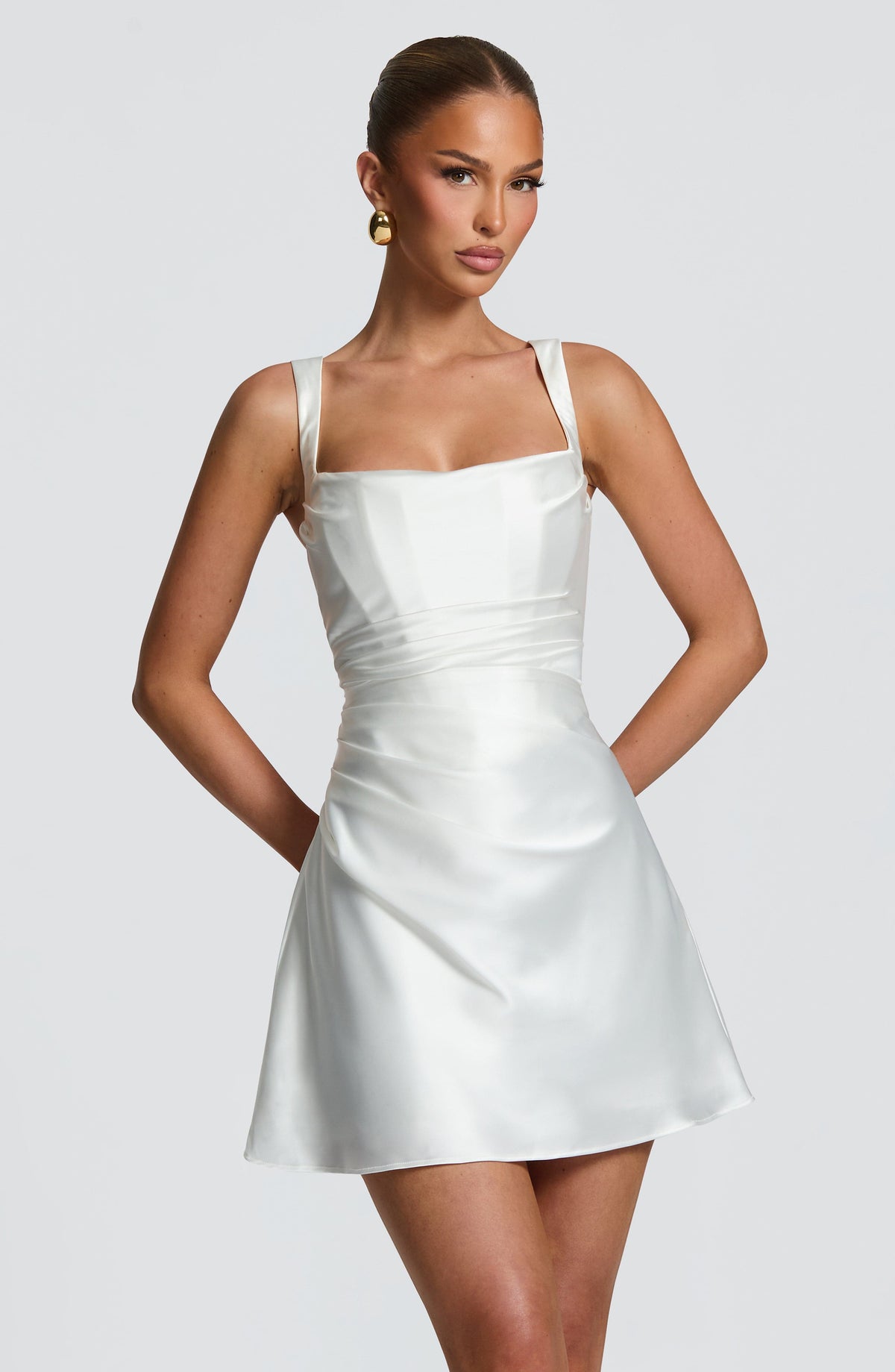 M.T Women's Dress Calanthe Square-Neck Ivory Pleated Satin Bridal Party Mini Dress