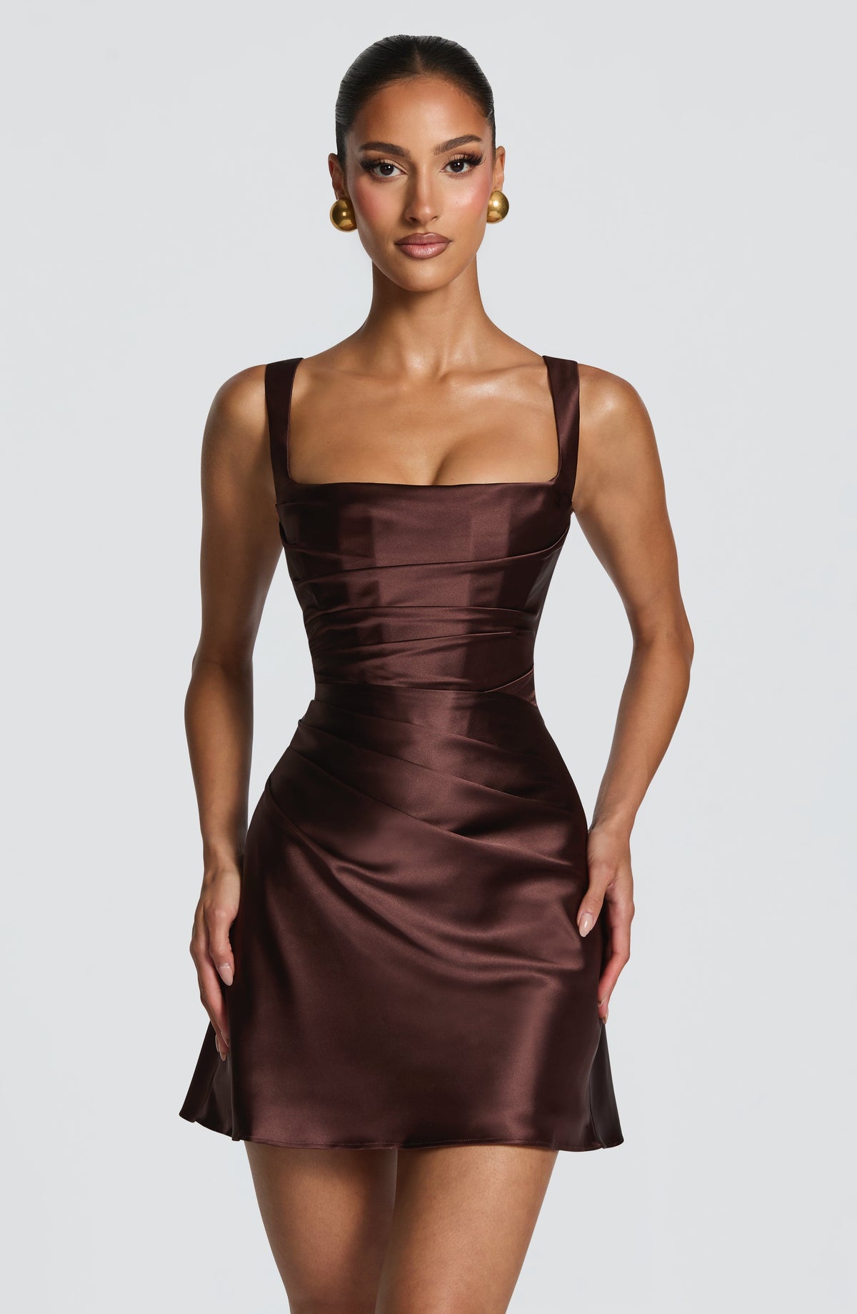 M.T Women's Dress Square Neck Plum Brown Satin Cocktail
