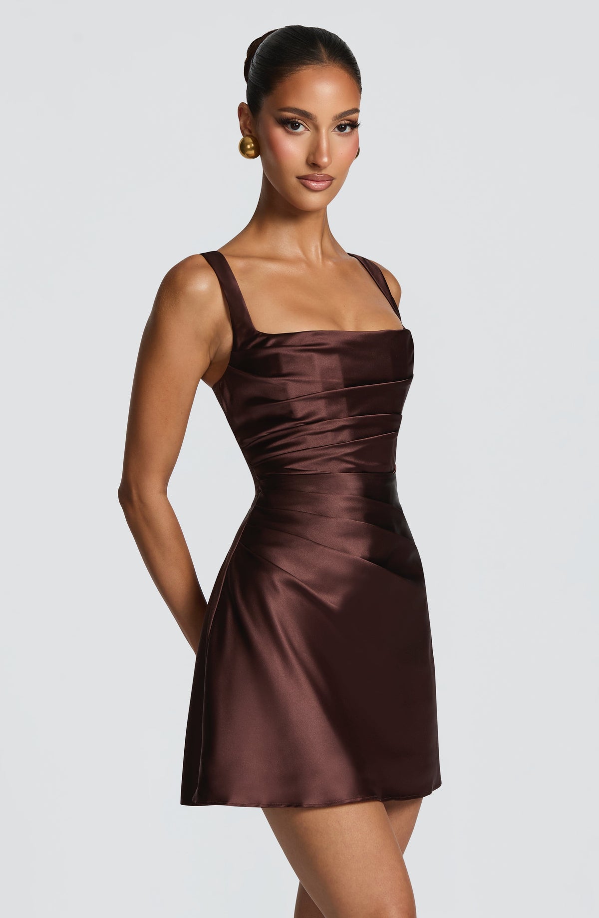 M.T Women's Dress Square Neck Plum Brown Satin Cocktail