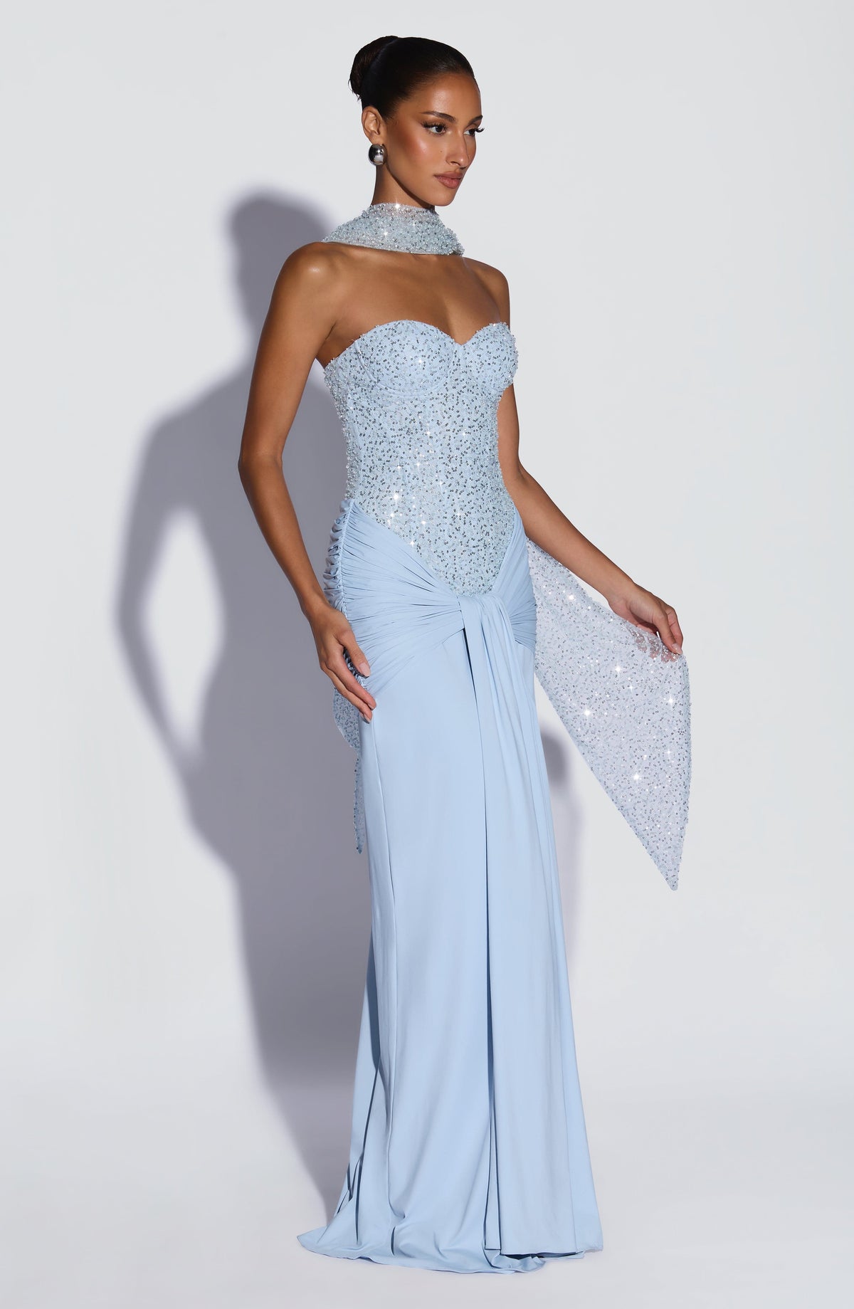 R.F Women's Dress Strapless Maxi Glacier Blue Embellished Formal