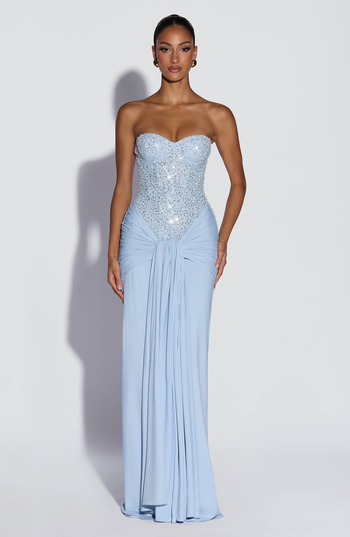 R.F Women's Dress Strapless Maxi Glacier Blue Embellished Formal