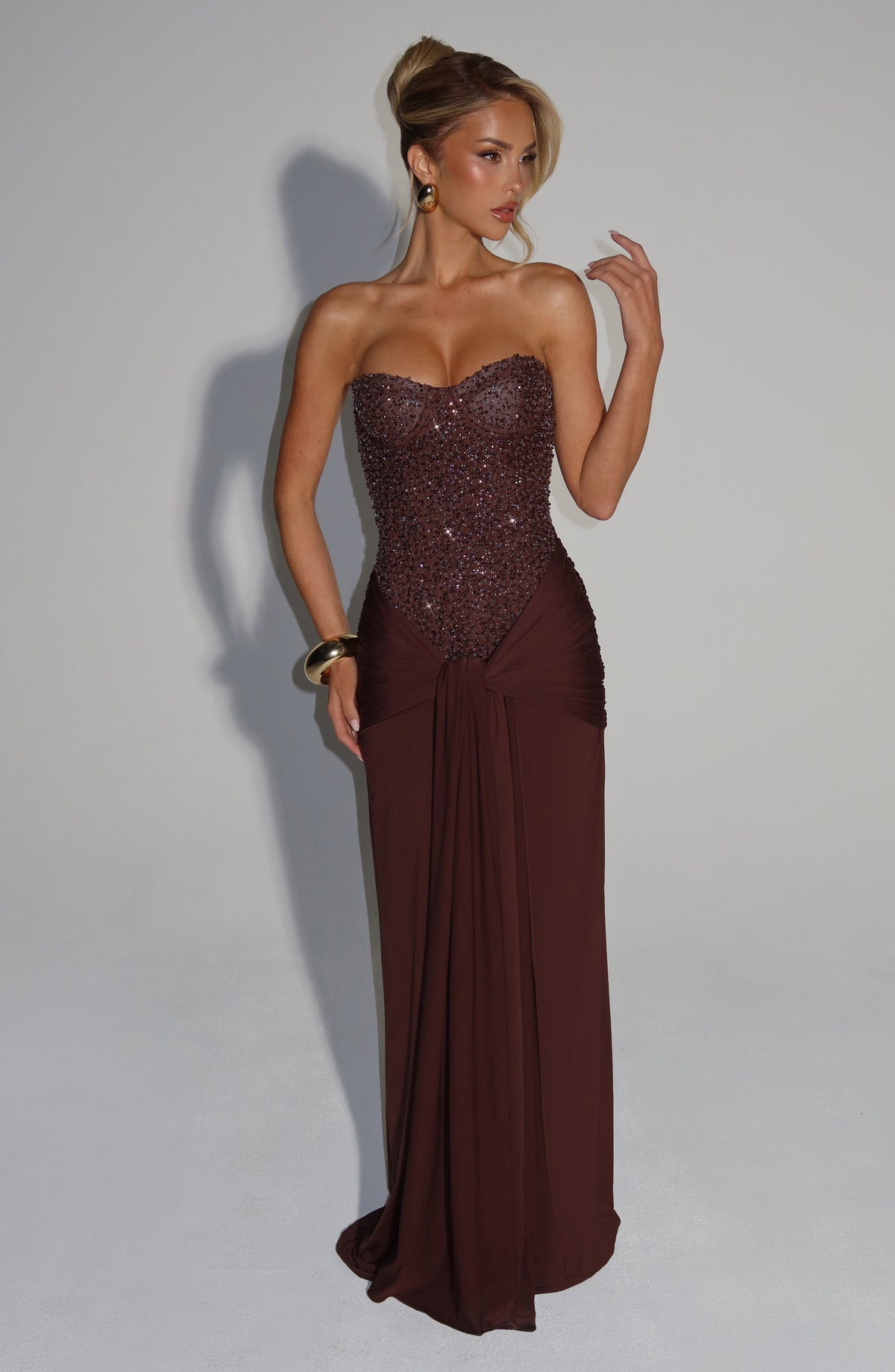 R.F Women's Dress Corset Maxi Plum Brown Embellished Formal