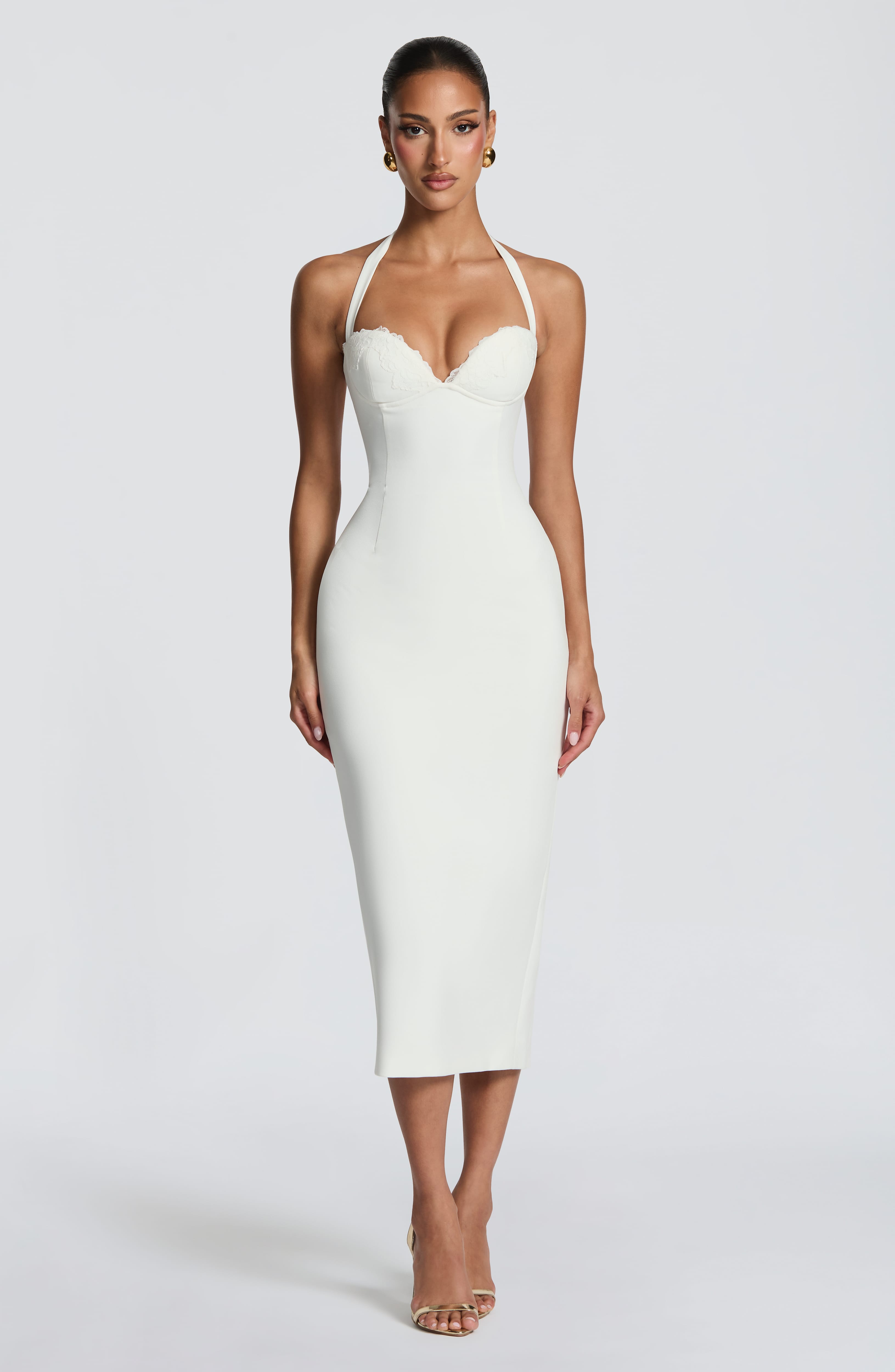 T.X Women's Dress Cassia Midi Halter Ivory Crepe Bridal Evening
