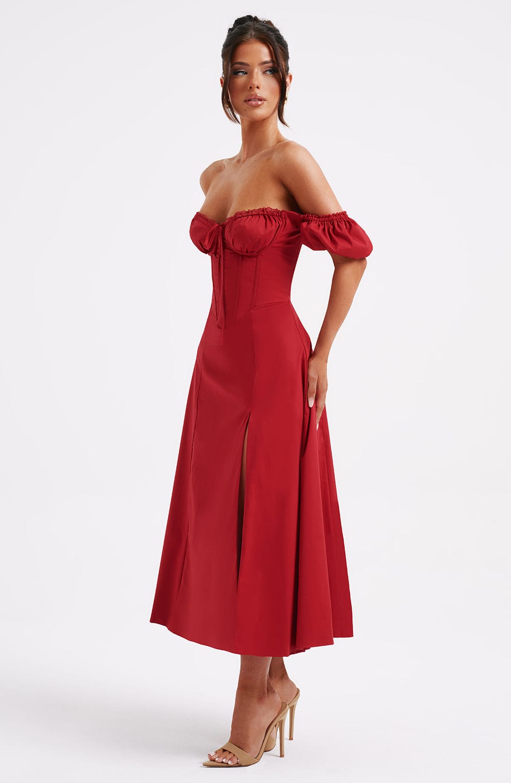 R.F Women's Dress Milkmaid Midi Red Cotton Party
