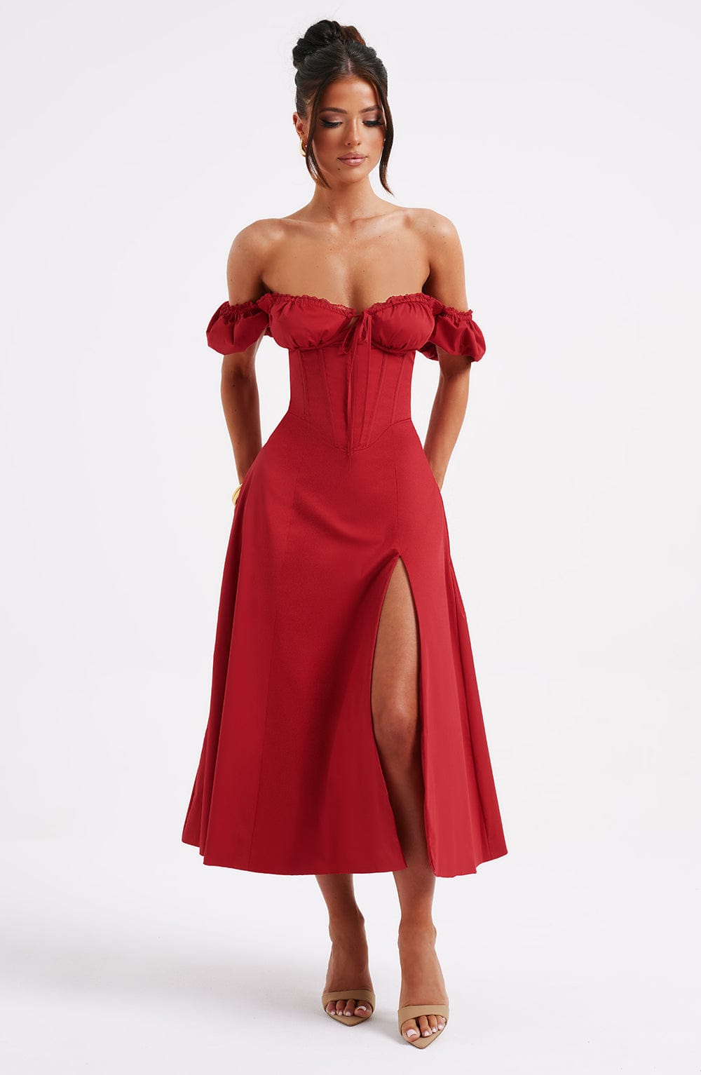 R.F Women's Dress Milkmaid Midi Red Cotton Party