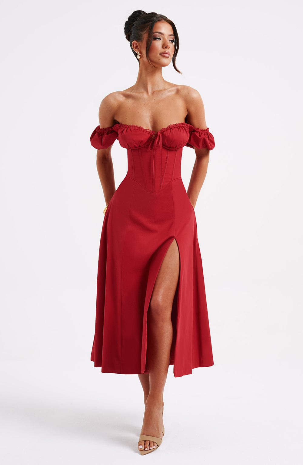 R.F Women's Dress Milkmaid Midi Red Cotton Party
