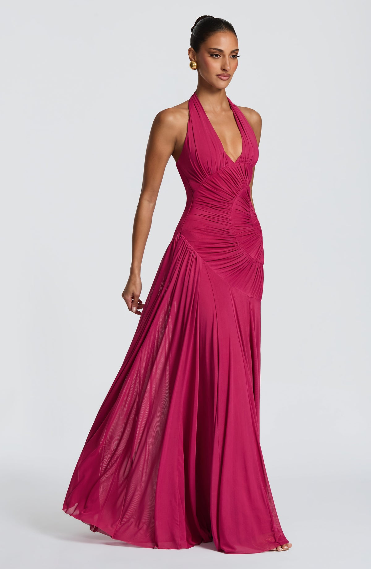 R.F Women's Dress Plunge Neckline Maxi Raspberry Mesh Evening