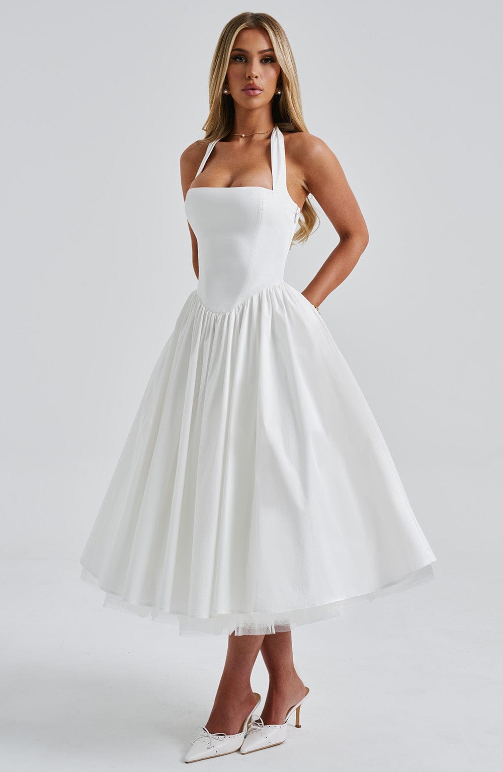Cressida Women's Dress Midi Square Neck Ivory Cotton Formal