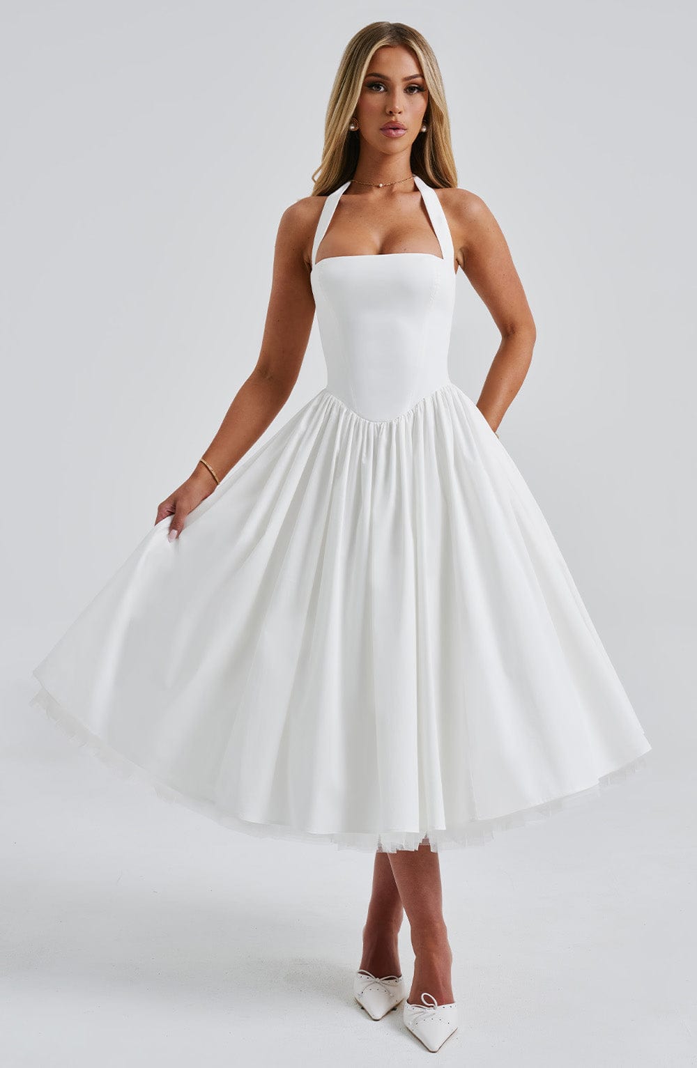 Cressida Women's Dress Midi Square Neck Ivory Cotton Formal