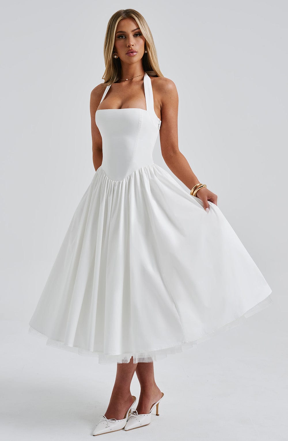 Cressida Women's Dress Midi Square Neck Ivory Cotton Formal
