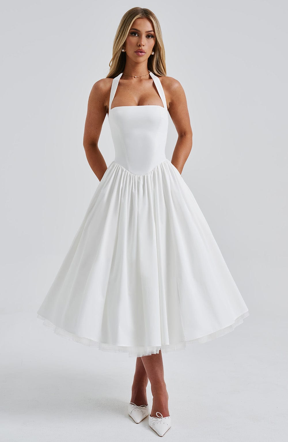 Cressida Women's Dress Midi Square Neck Ivory Cotton Formal