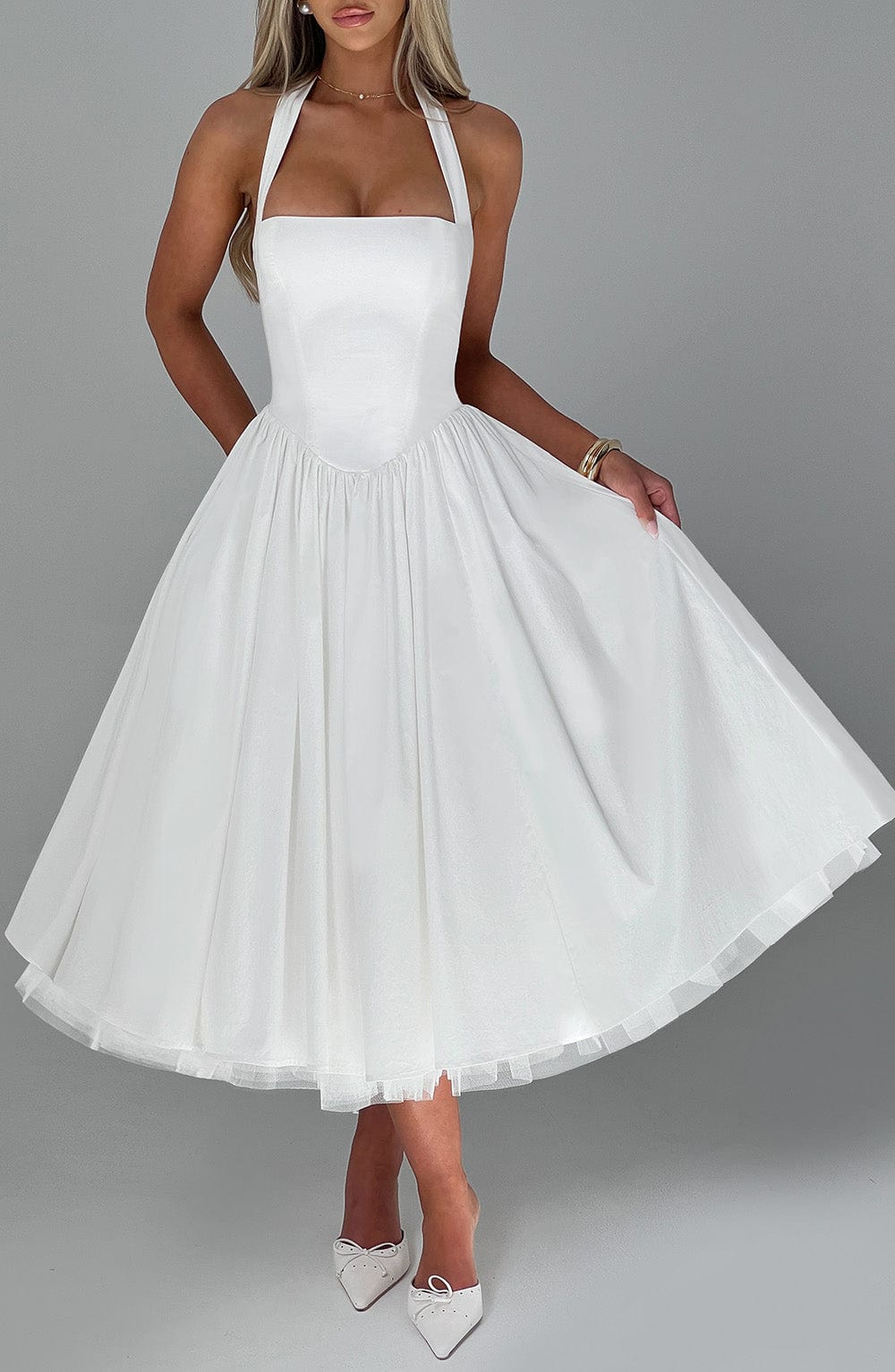 Cressida Women's Dress Midi Square Neck Ivory Cotton Formal