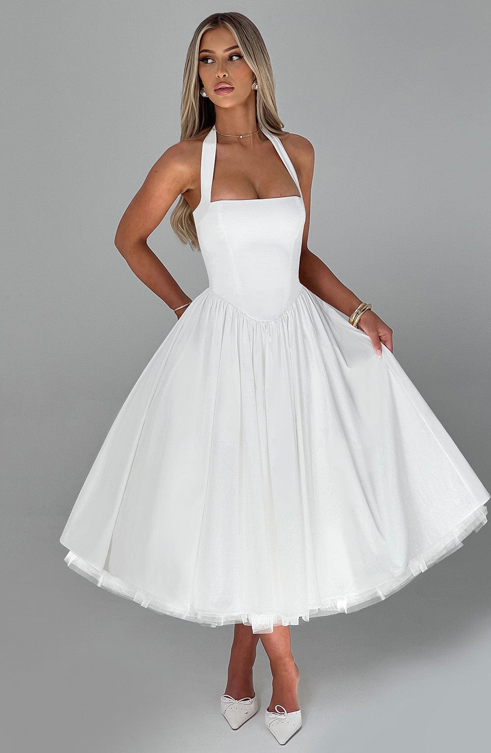 Cressida Women's Dress Midi Square Neck Ivory Cotton Formal
