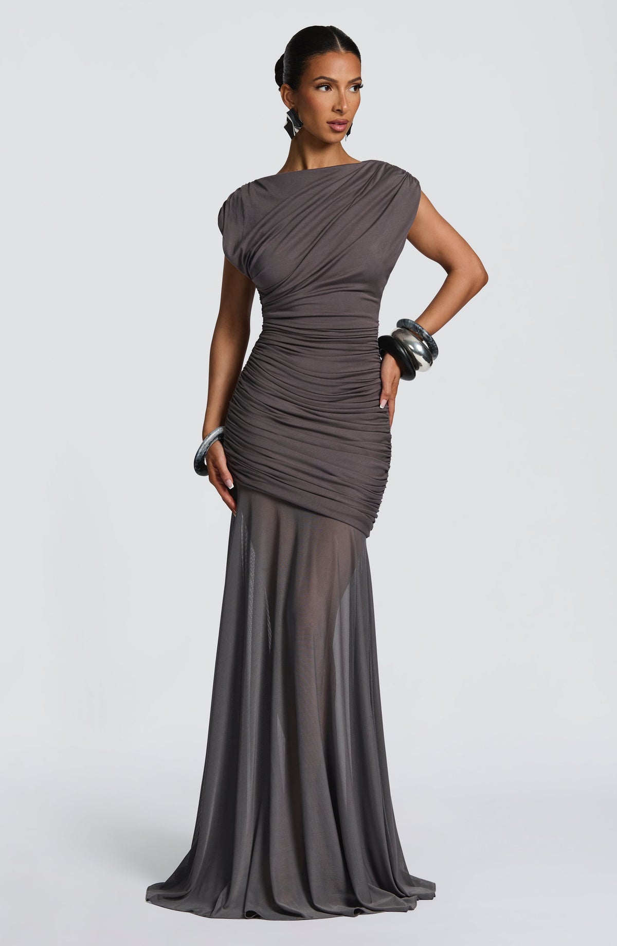 L.F Women's Dress Flare Charcoal Modal Jersey Mesh Formal