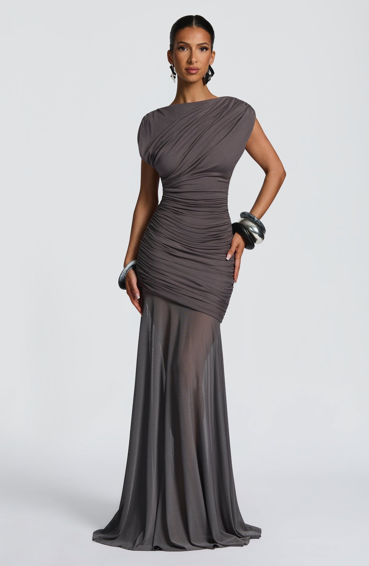 L.F Women's Dress Flare Charcoal Modal Jersey Mesh Formal