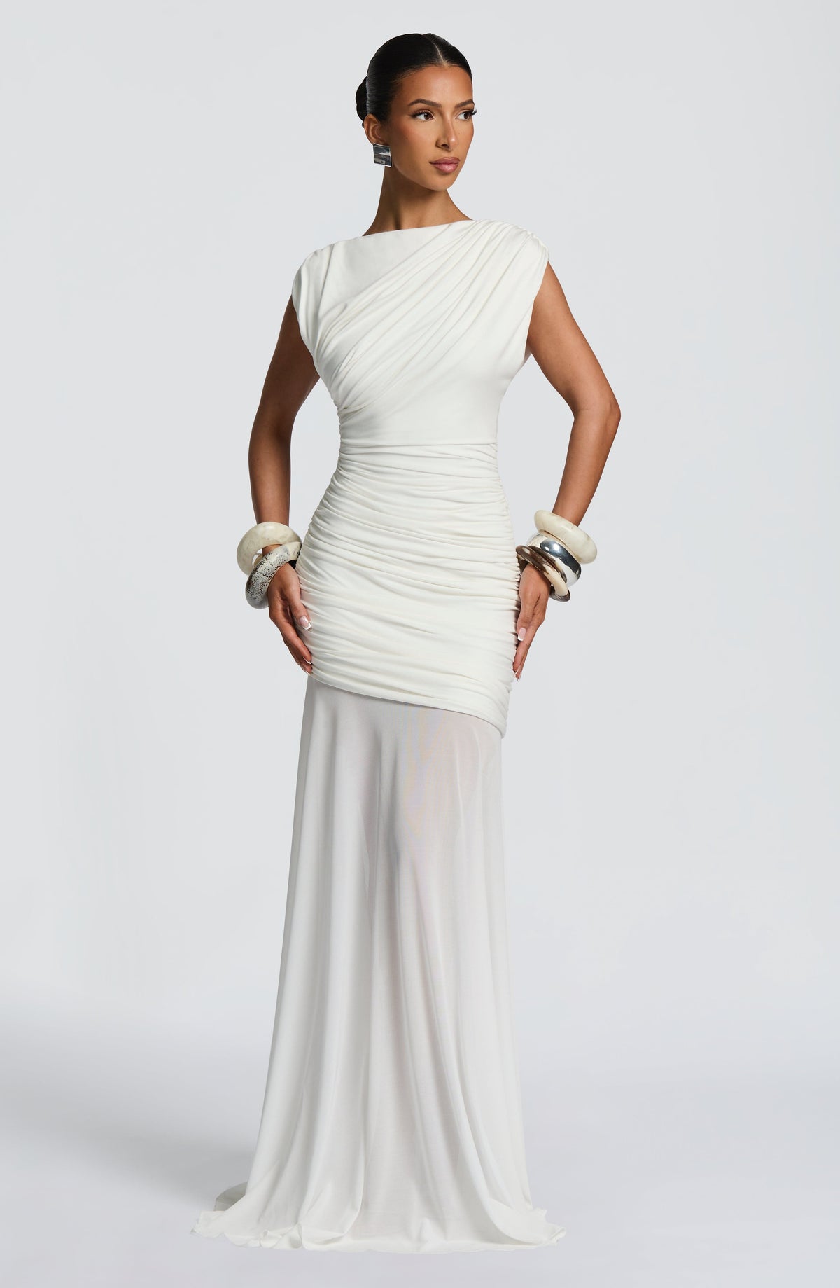 L.F Women's Dress Ruched Flared Ivory Modal Jersey Formal