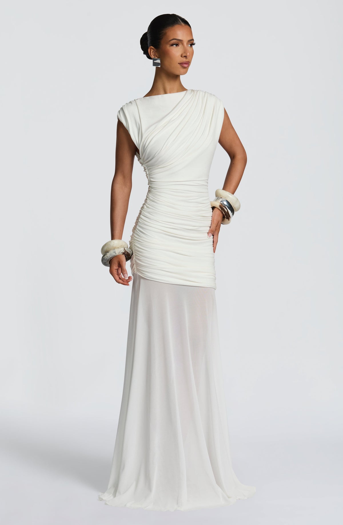 L.F Women's Dress Ruched Flared Ivory Modal Jersey Formal