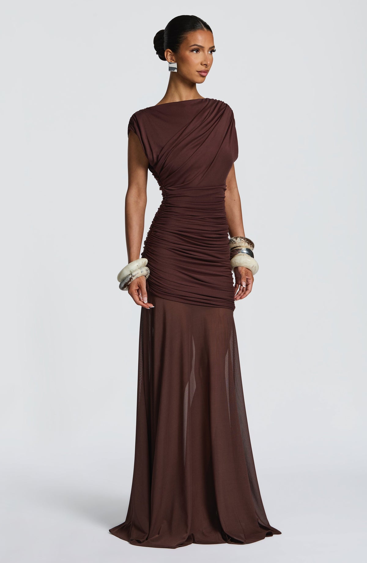 L.F Women's Dress Flare Demelza Plum Brown Ruched Mesh Formal