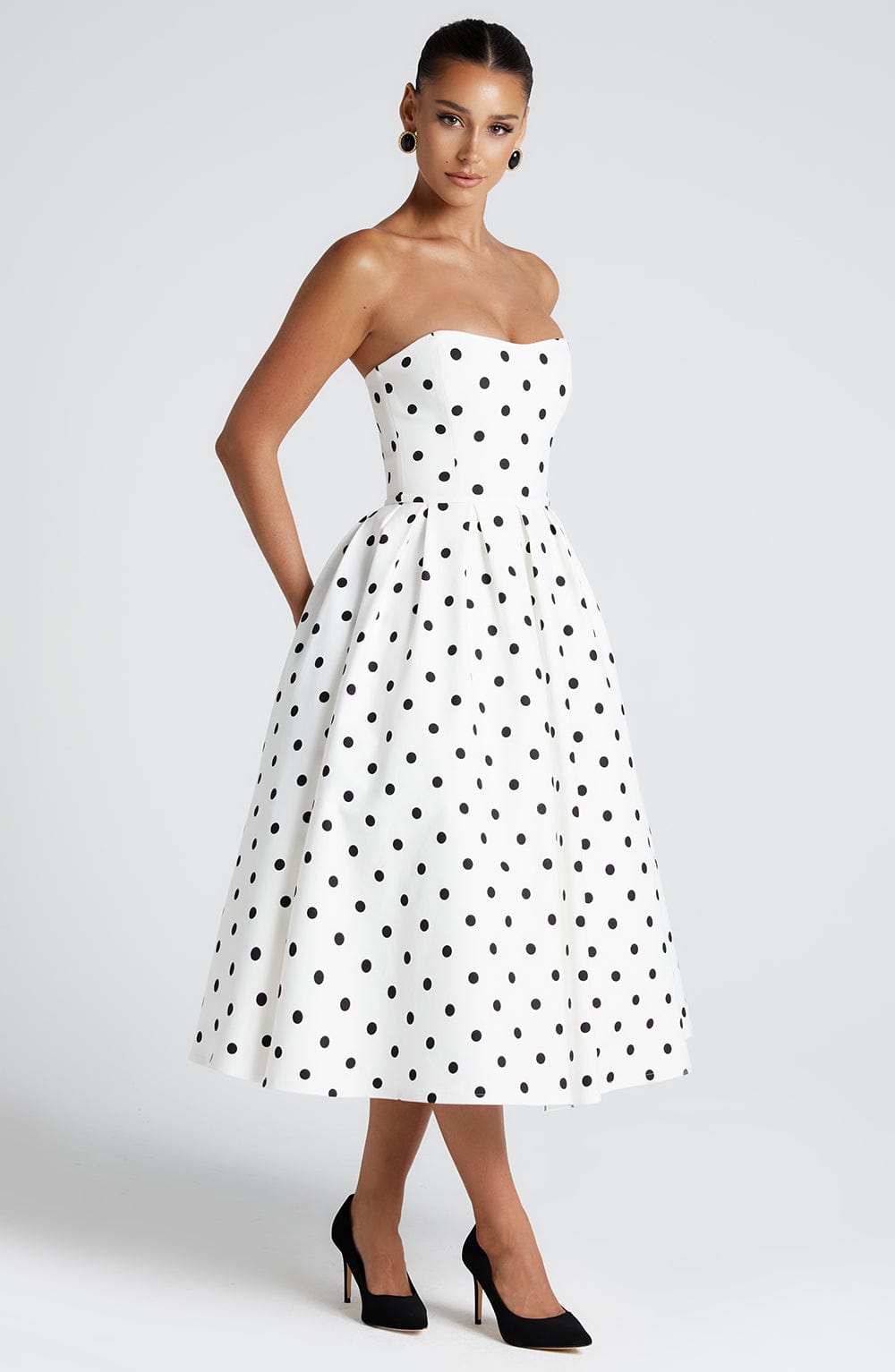R.F Women's Dress Edith Midi Black Polka Dot Bengaline Cocktail Party
