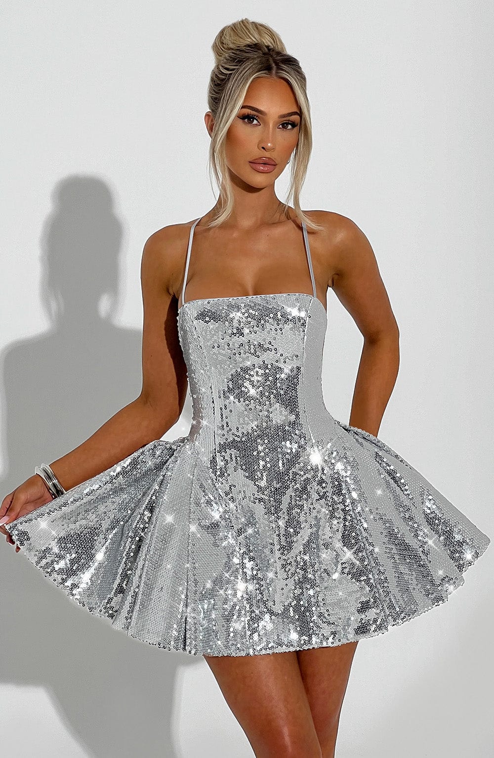 K.Y Women's Dress Electra Mini Silver Sequin Party