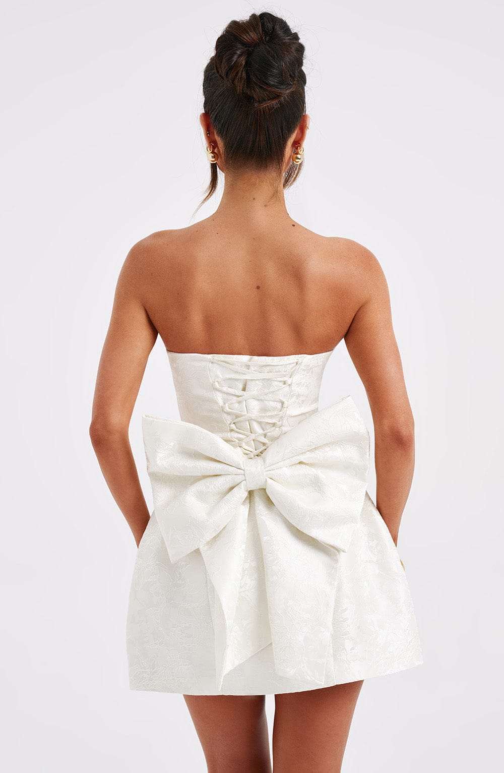 K.Y Women's Dress Elenora Strapless Ivory Jacquard Bow Party