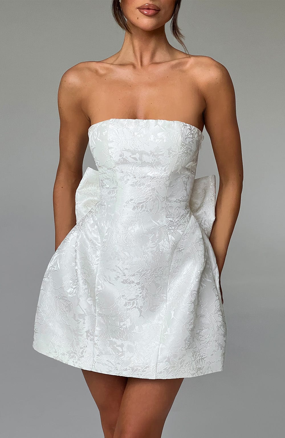 K.Y Women's Dress Elenora Strapless Ivory Jacquard Bow Party
