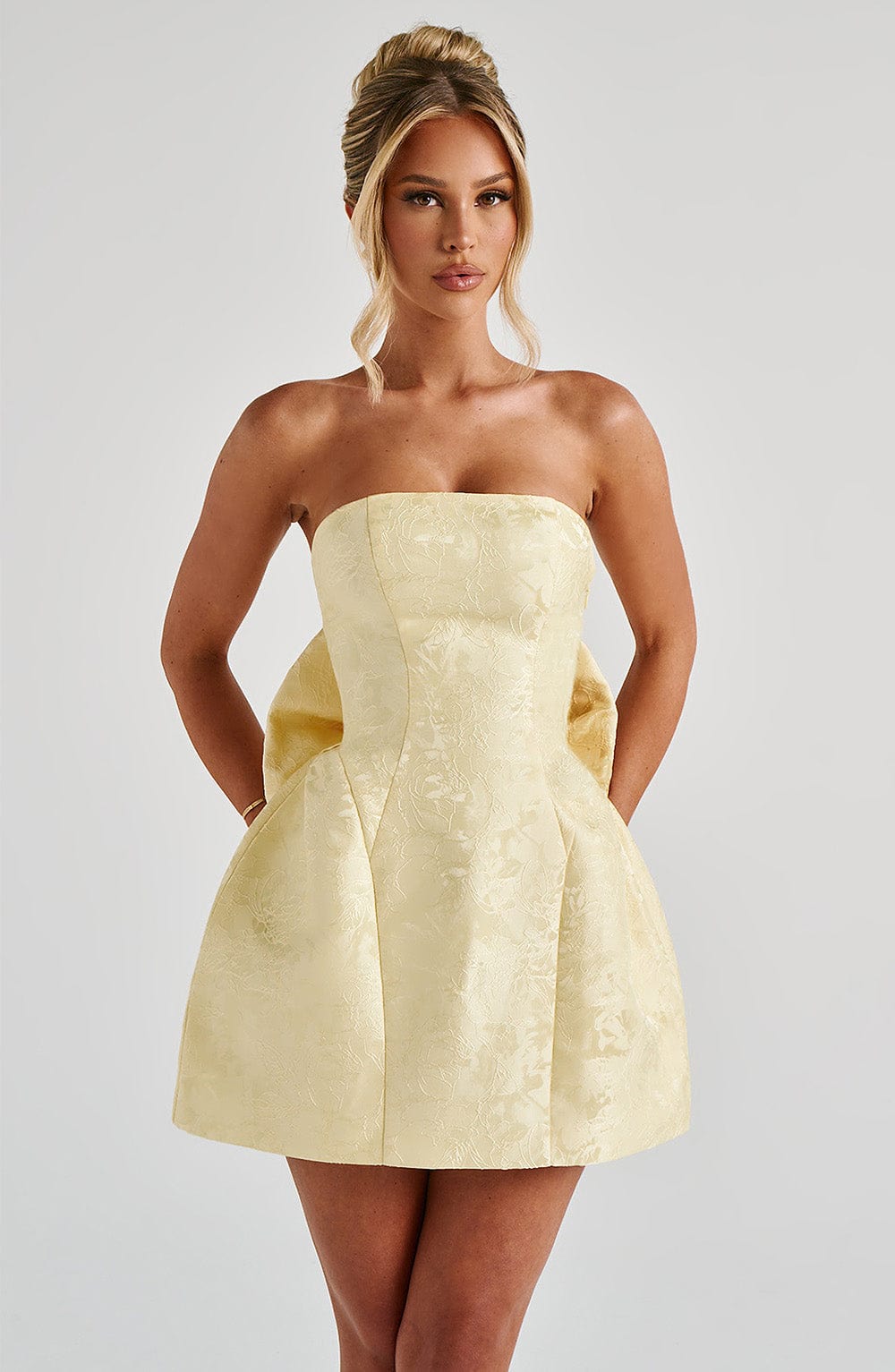 K.Y Women's Dress Strapless Mini Lemon Floral Jacquard Party