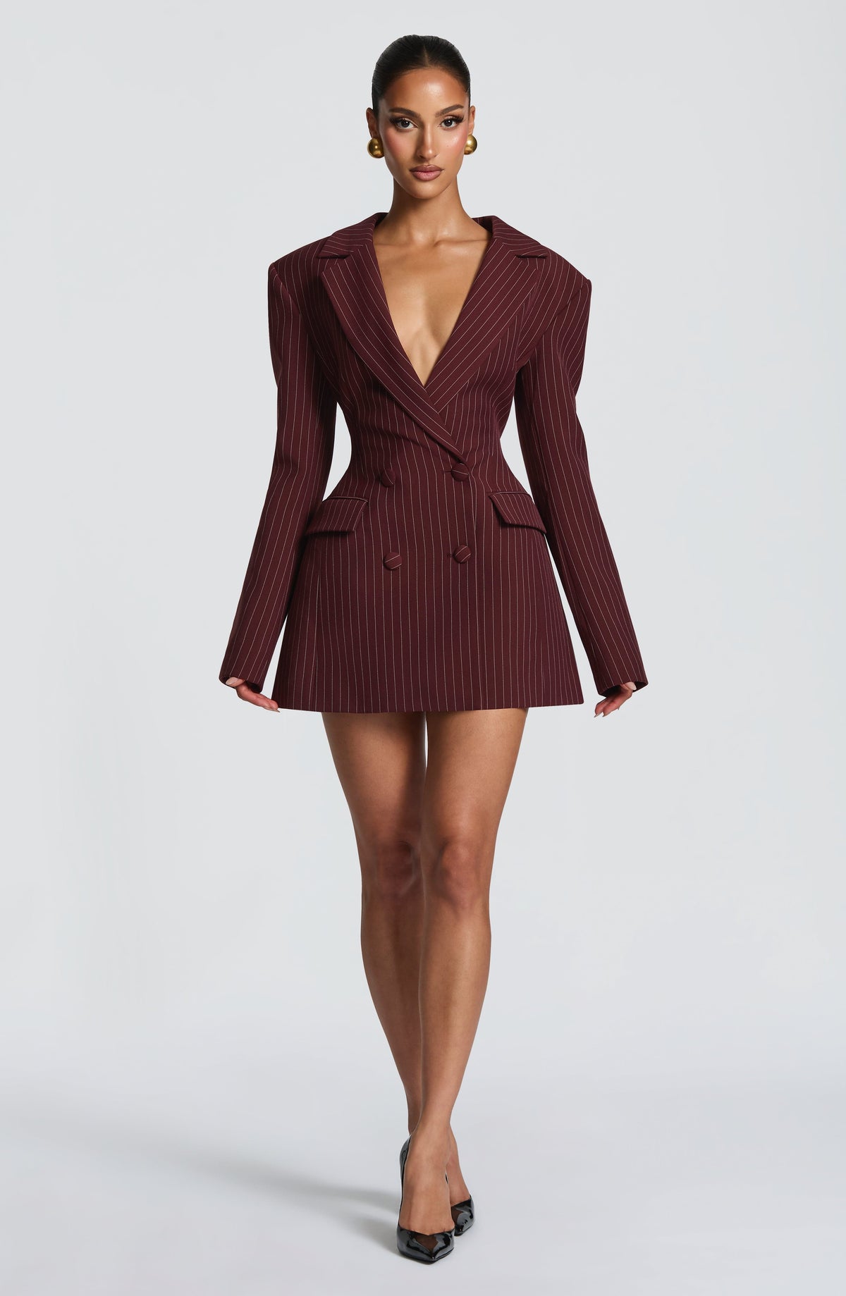 Elvira Women's Dress Mini Burgundy Pinstripe Woven Suiting Evening