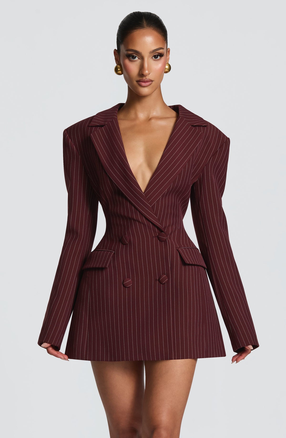 Elvira Women's Dress Mini Burgundy Pinstripe Woven Suiting Evening
