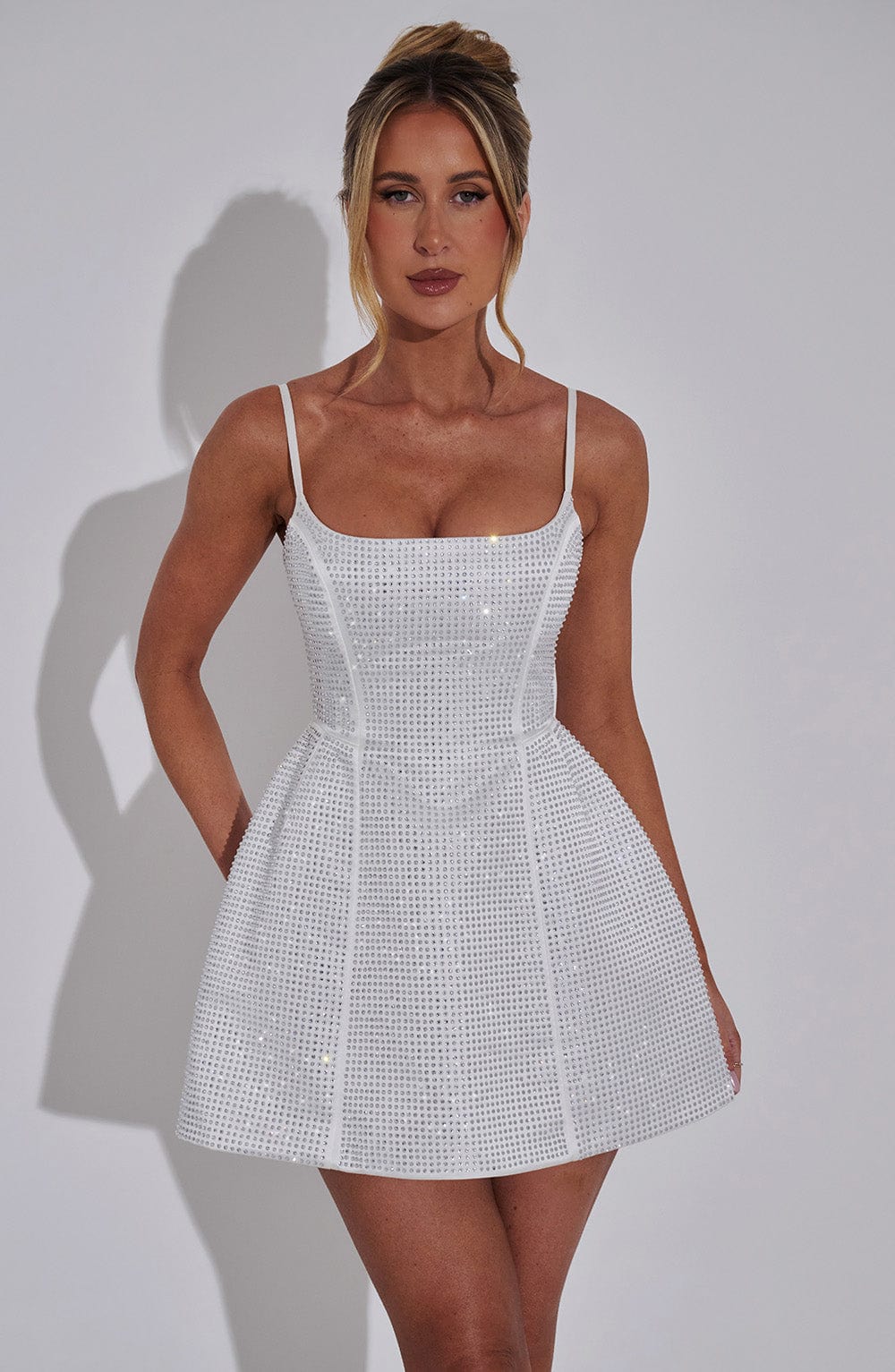 L.F Women's Dress Mini Bubble Hem Ivory Embellished Satin Party