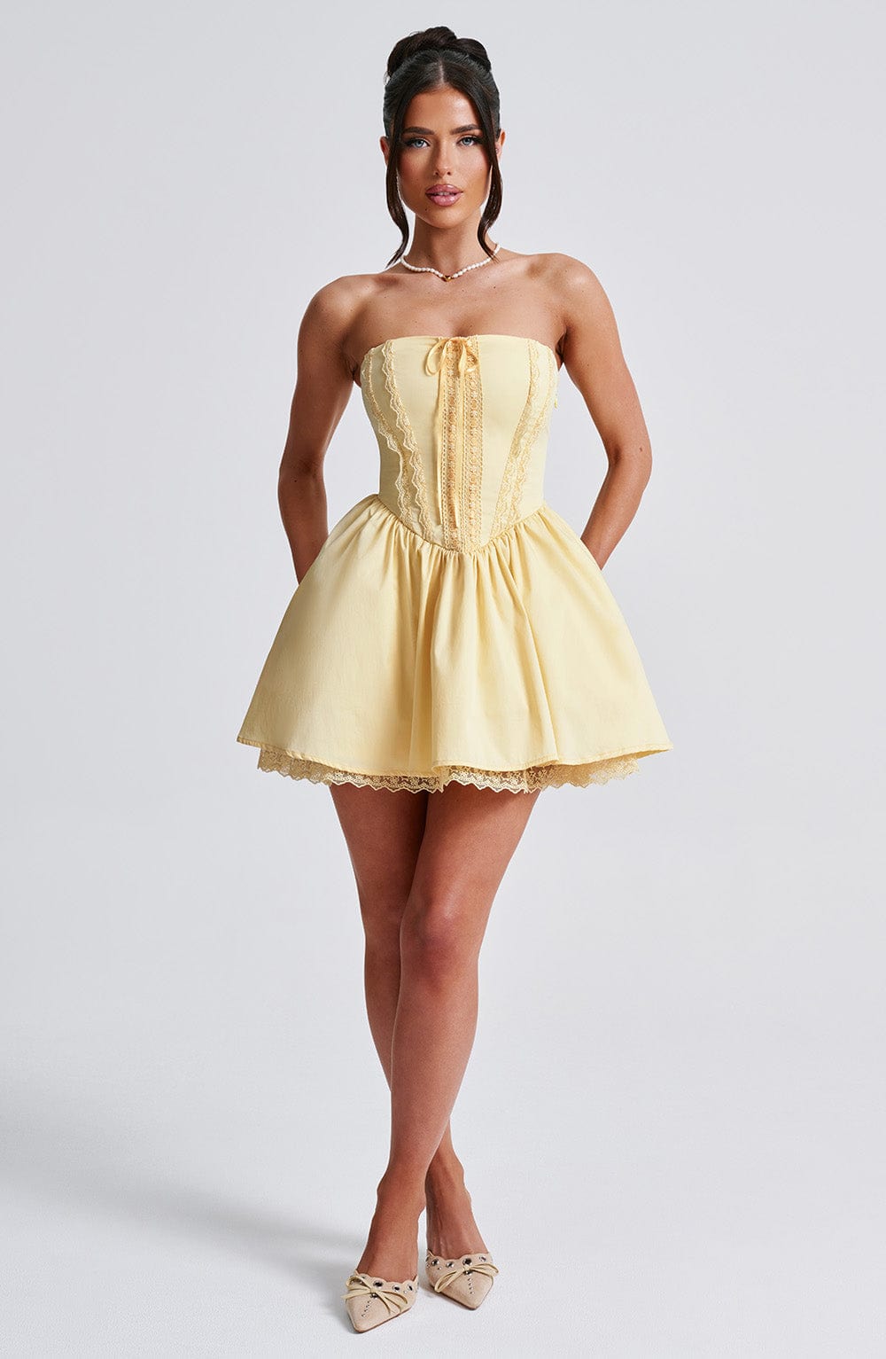 Women's Dress Strapless Mini Flowy Lemon Cotton Party Evie