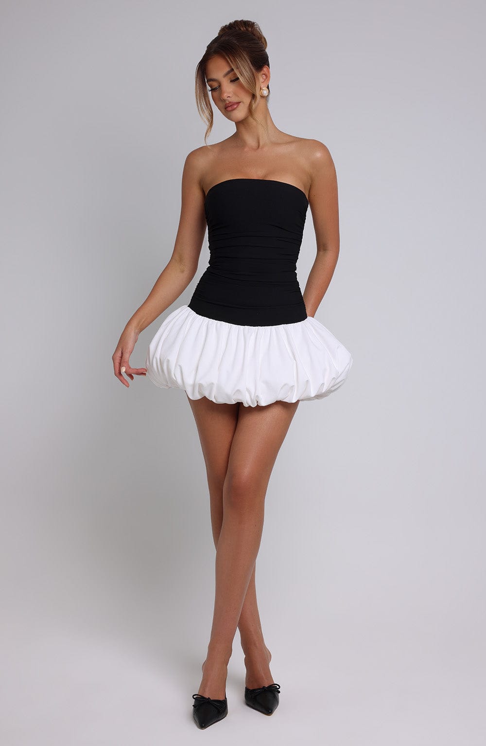 Gemma Women's Dress Bubblehem Black/White Stretch Crepe Party