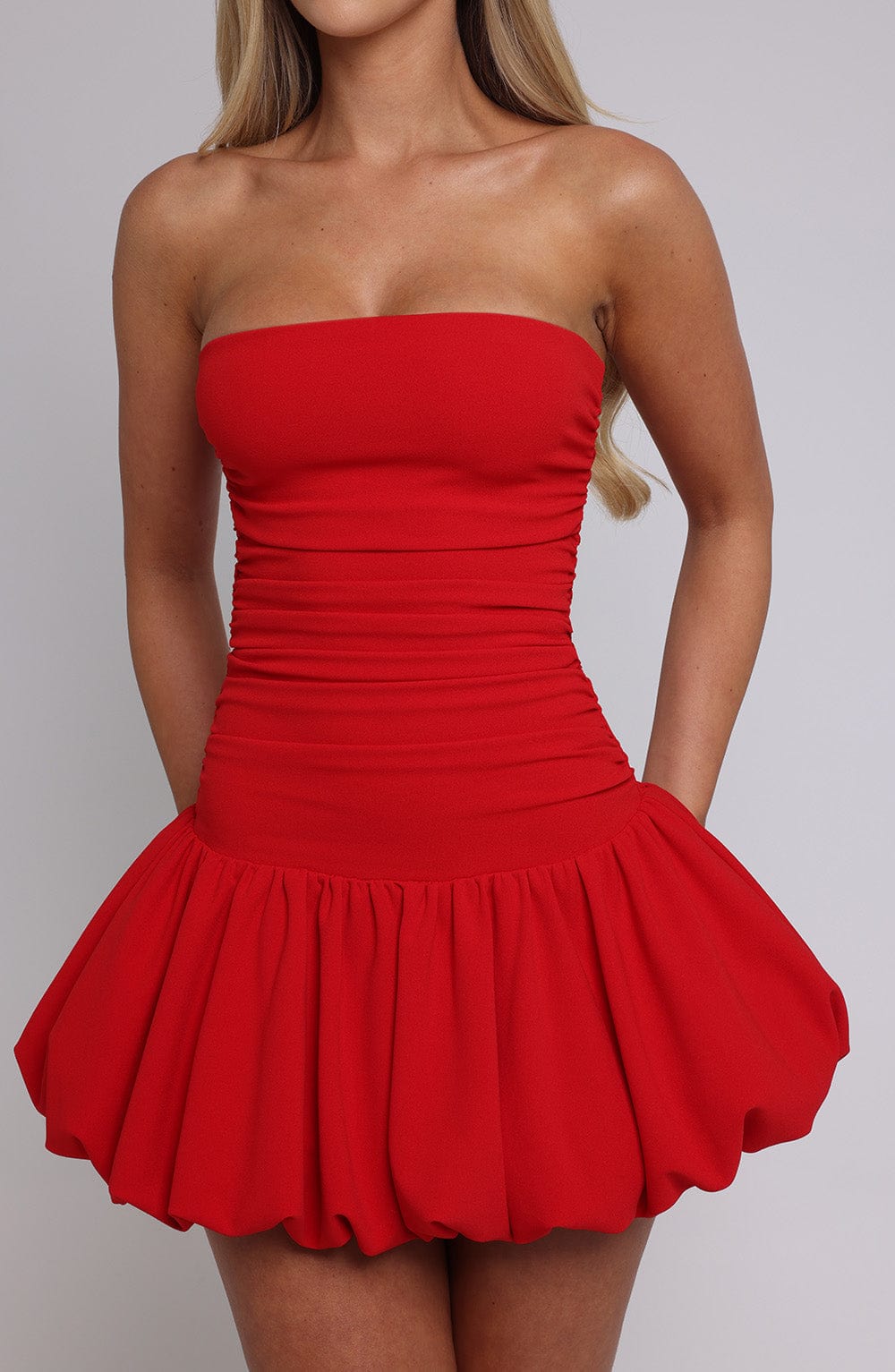 Gemma Women's Dress Bubble Hem Red Crepe Party