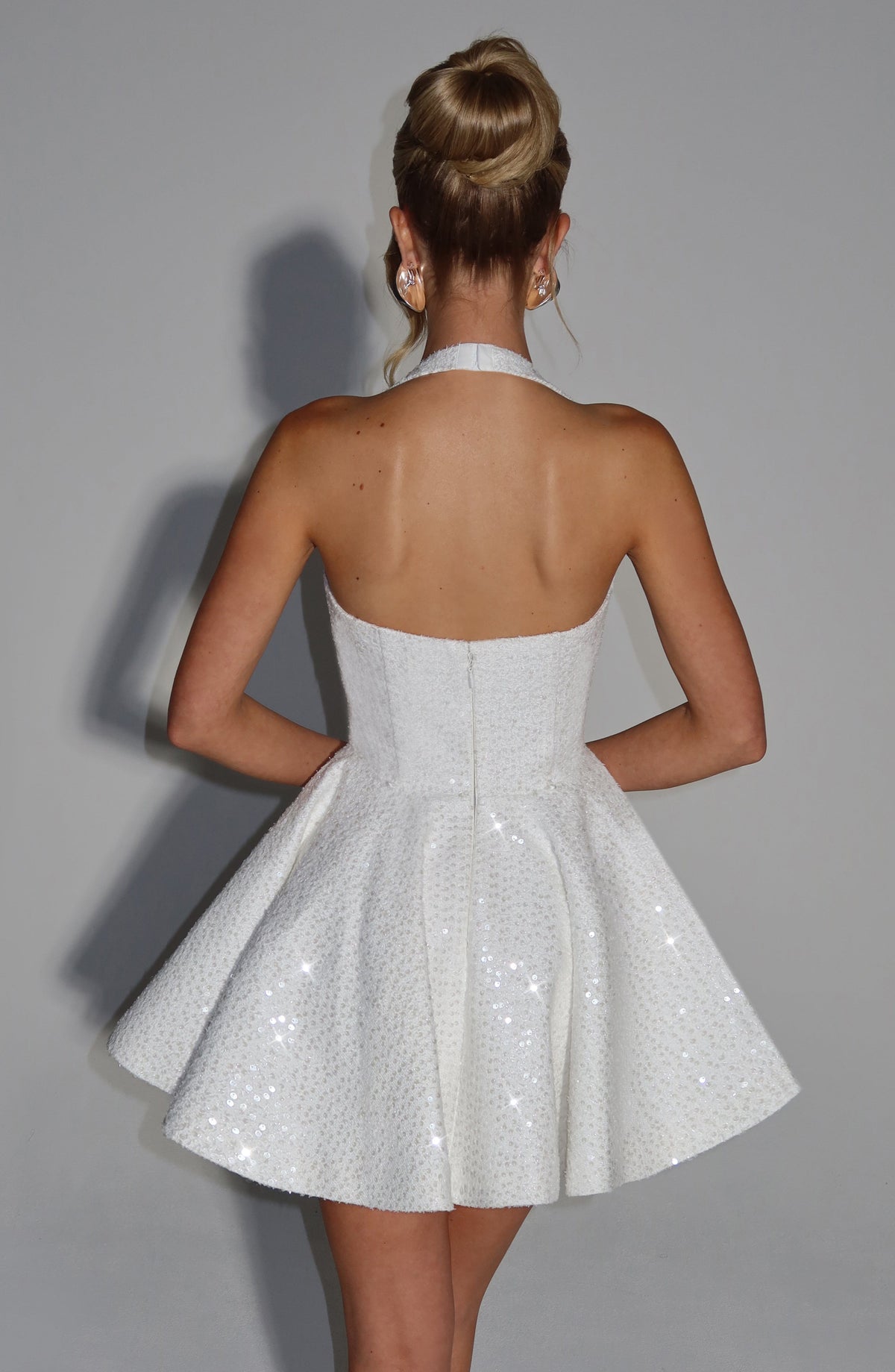 M.T Women's Dress Georgette Mini Ivory Sequin Tweed Party