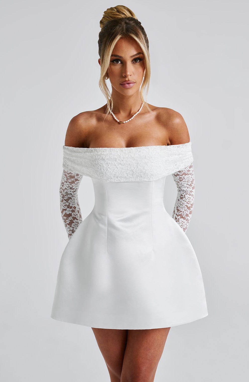 L.F Women's Dress Bardot Bubble Hem Ivory Lace Satin Evening