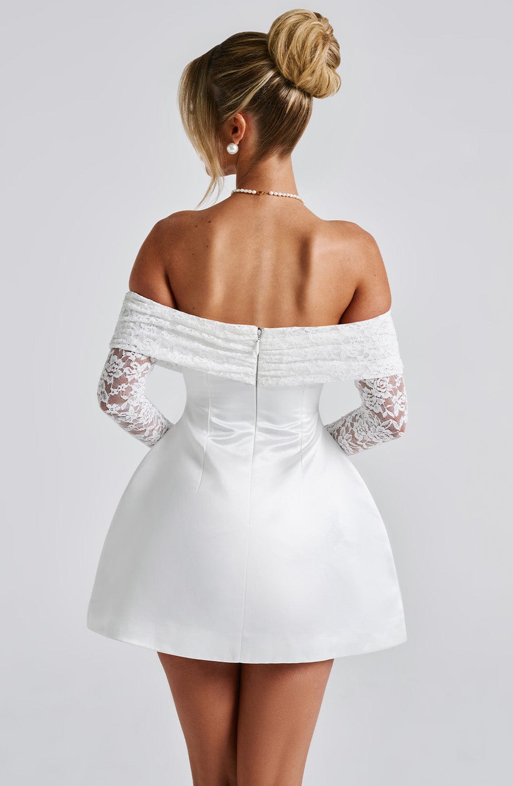 L.F Women's Dress Bardot Bubble Hem Ivory Lace Satin Evening