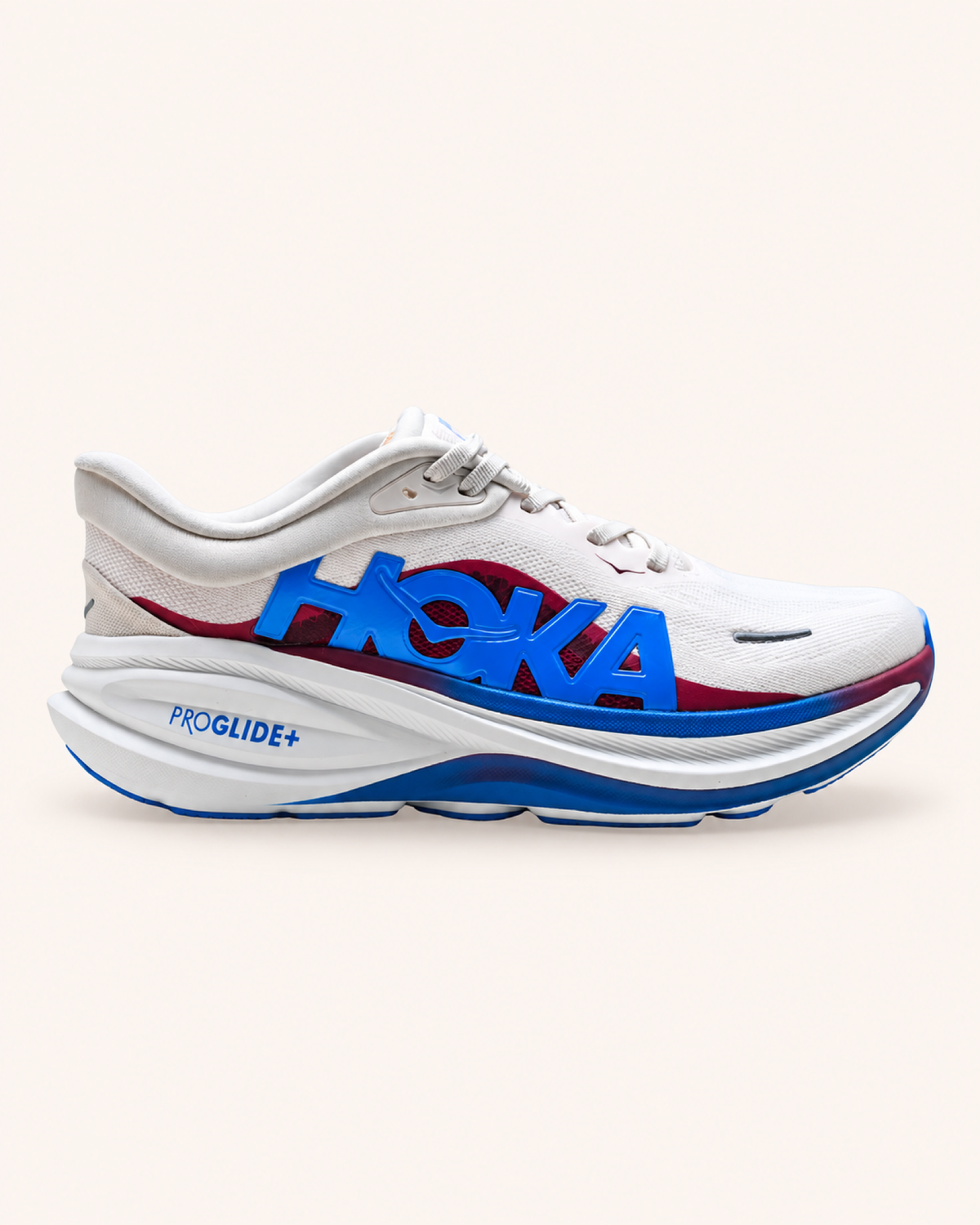 HOKA CLIFTON PRO in White / Burgundy / Blue — side view #Colour_White / Burgundy / Blue