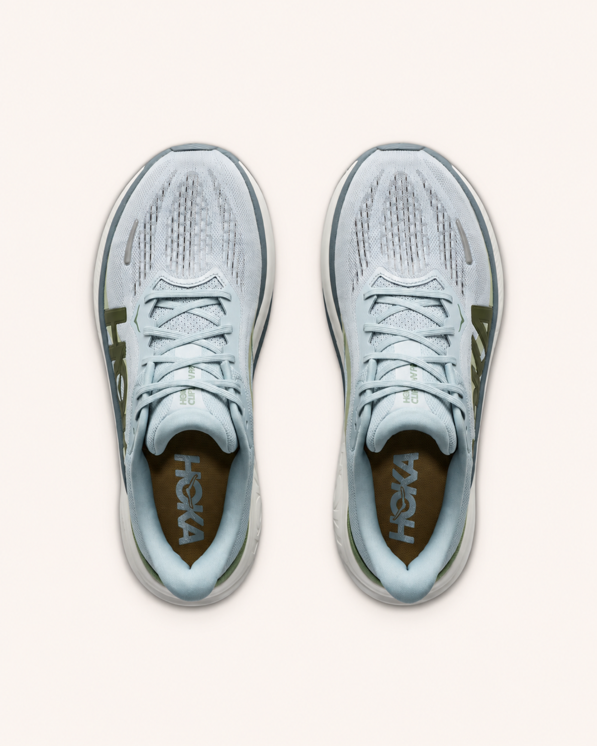 HOKA CLIFTON PRO in White / Olive — top view #Colour_White / Olive