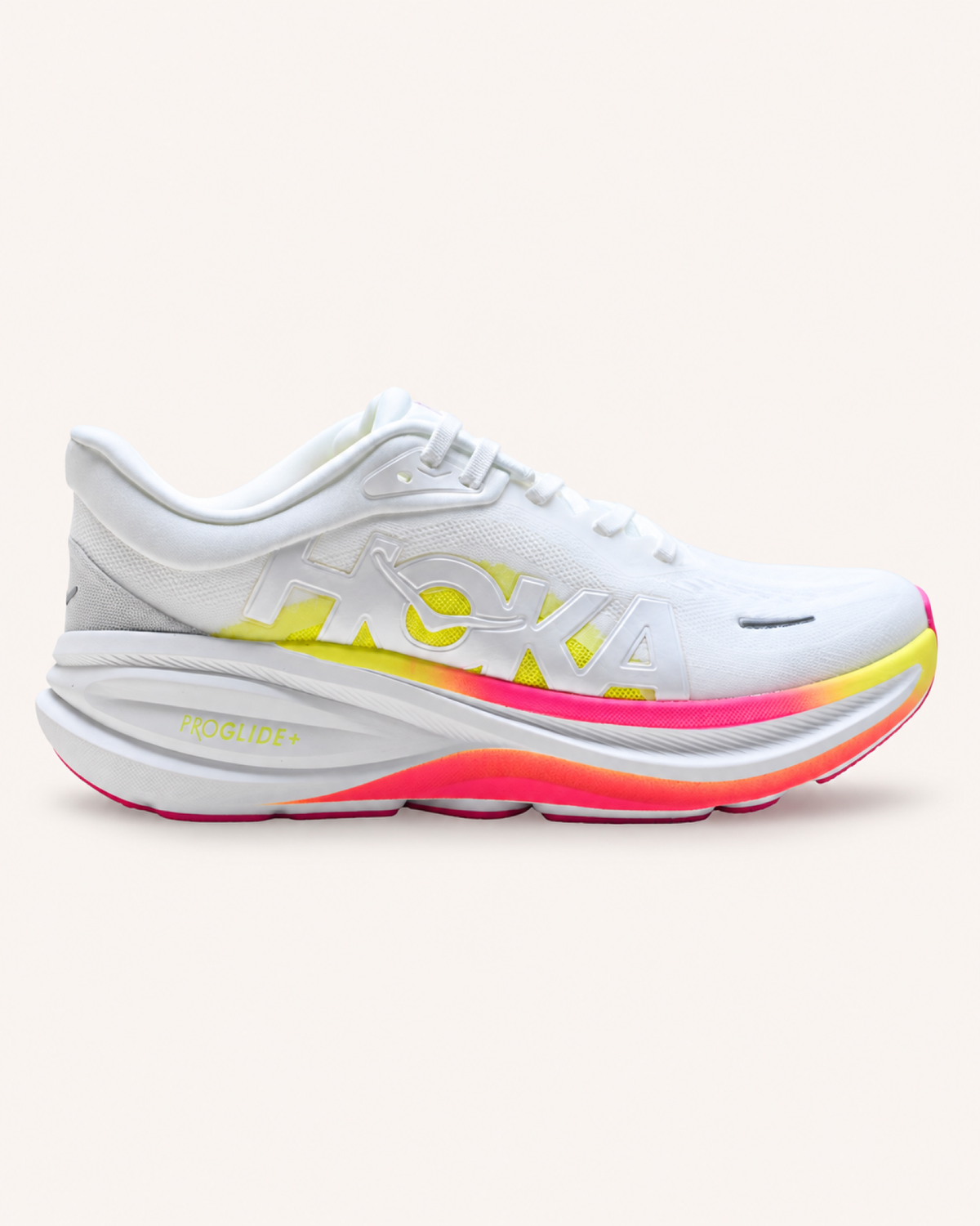 HOKA CLIFTON PRO in White / Pink / Yellow — side view #Colour_White / Pink / Yellow