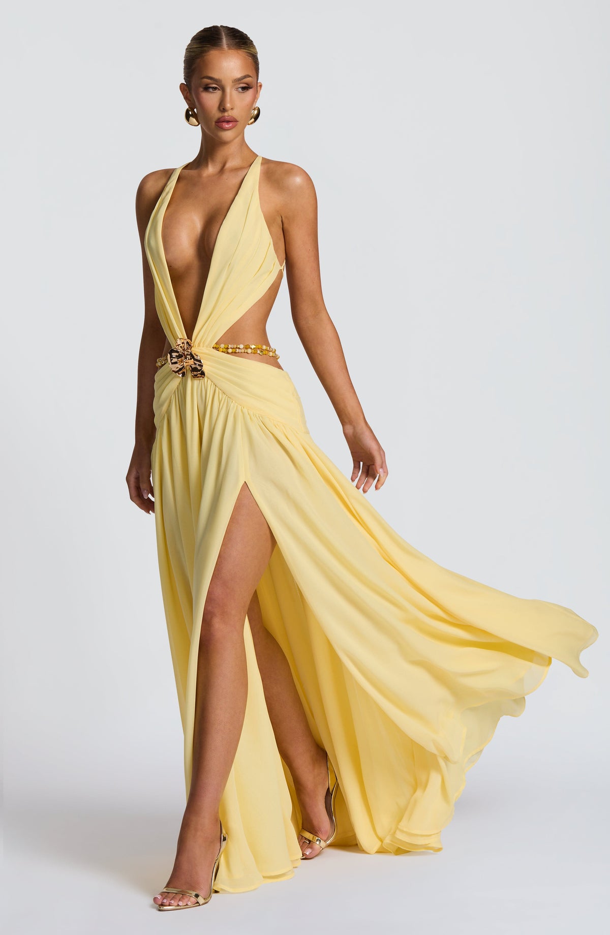 T.X Women's Dress Maxi Indianna Lemon Chiffon Backless Formal