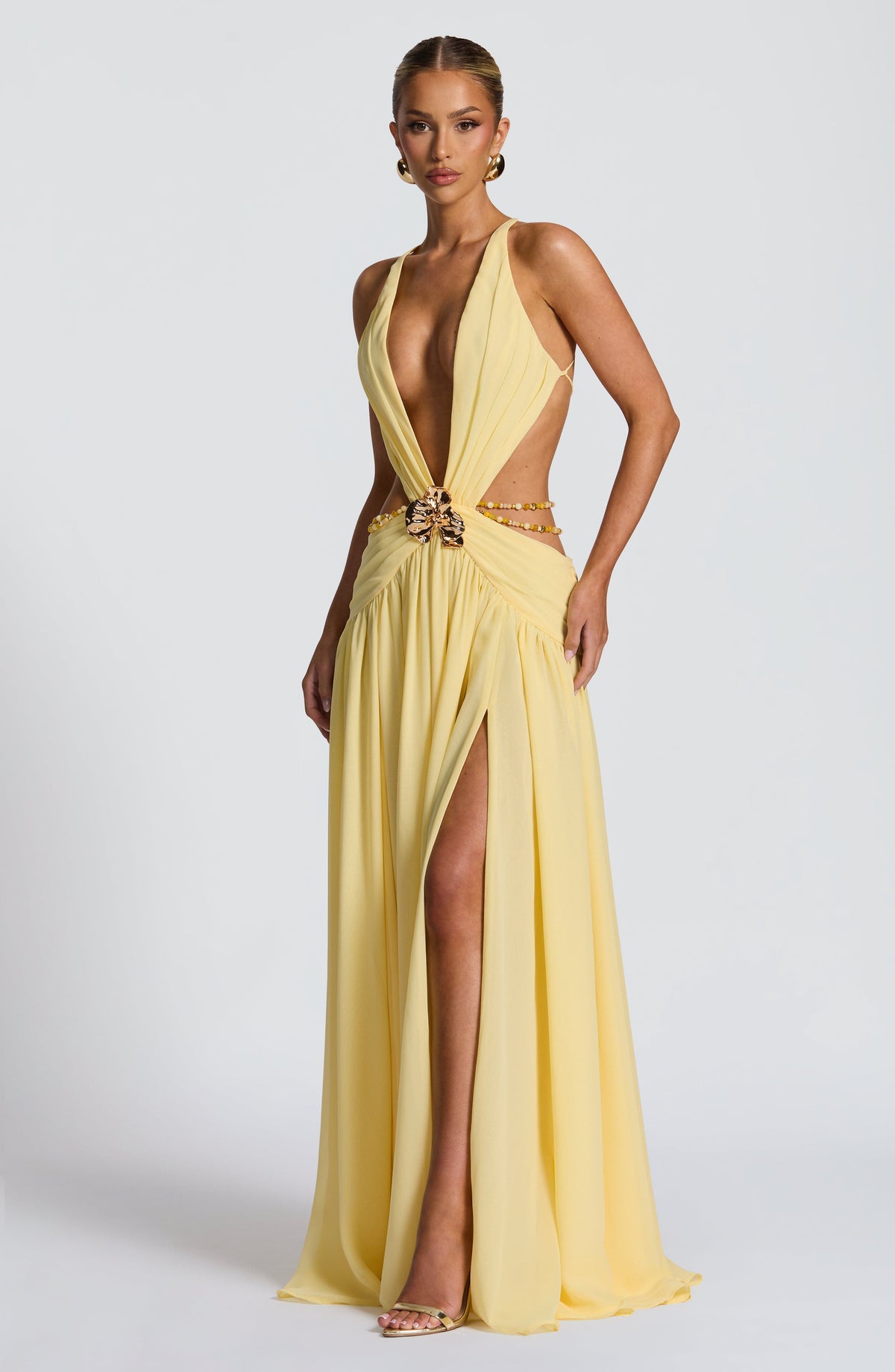 T.X Women's Dress Maxi Indianna Lemon Chiffon Backless Formal