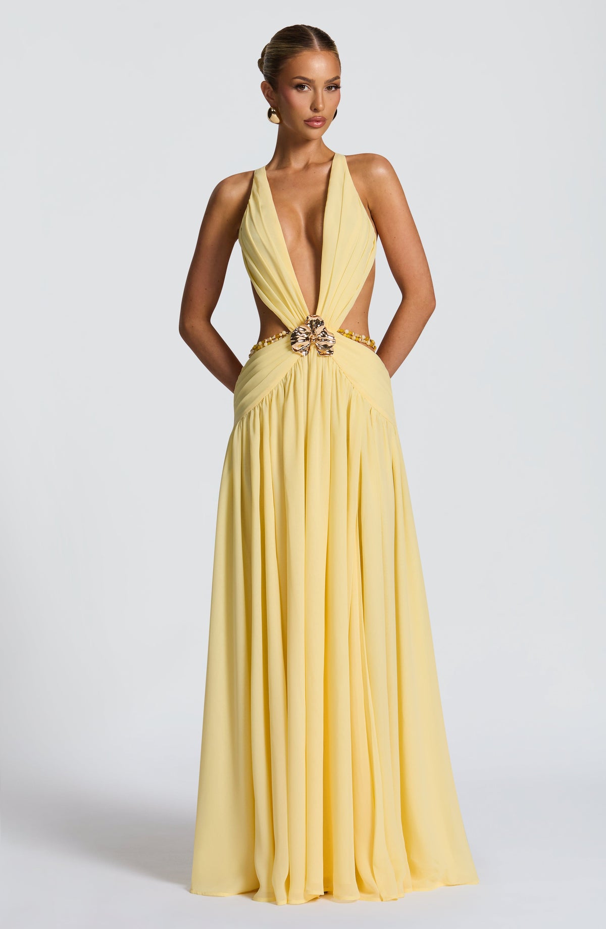 T.X Women's Dress Maxi Indianna Lemon Chiffon Backless Formal