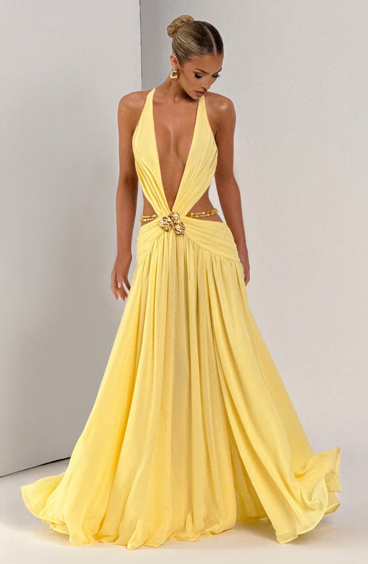 T.X Women's Dress Maxi Indianna Lemon Chiffon Backless Formal