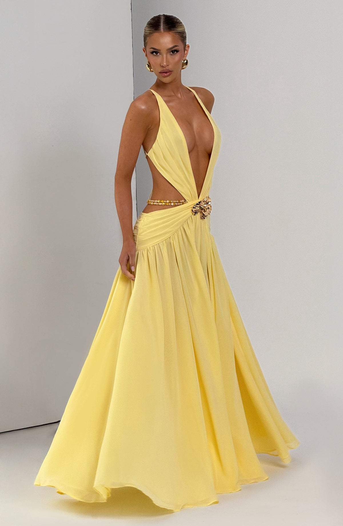 T.X Women's Dress Maxi Indianna Lemon Chiffon Backless Formal