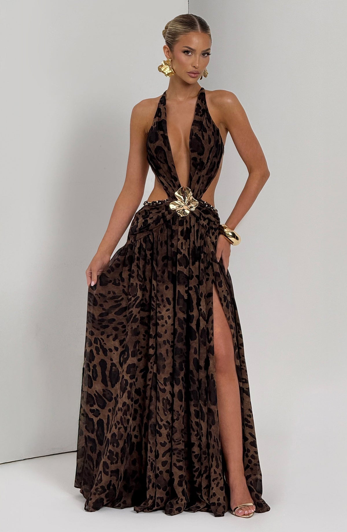 Indianna Women's Dress Maxi Leopard Print Chiffon Evening