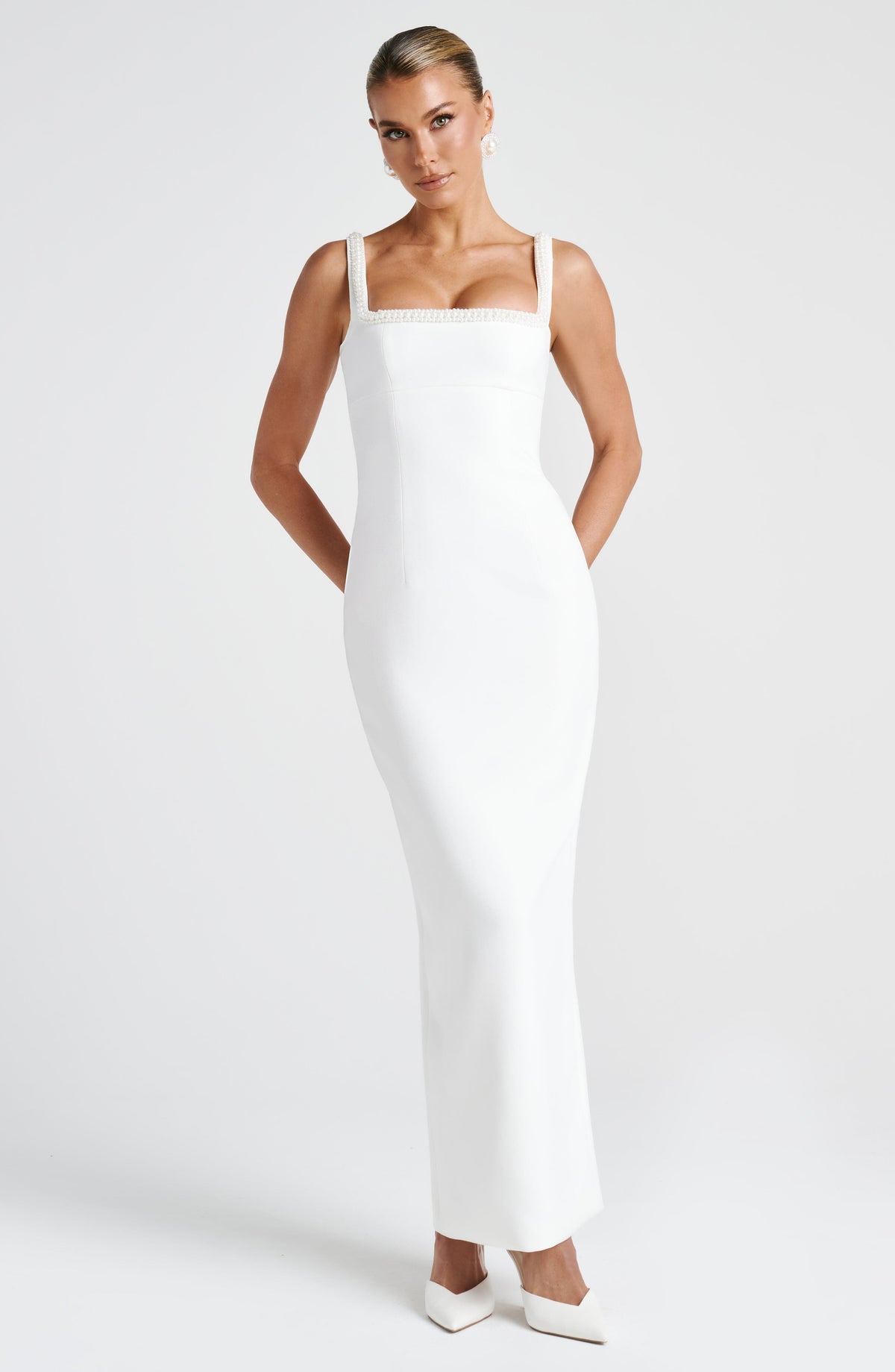 R.F Women's Dress Ines Midaxi Ivory Pearl Crepe Formal