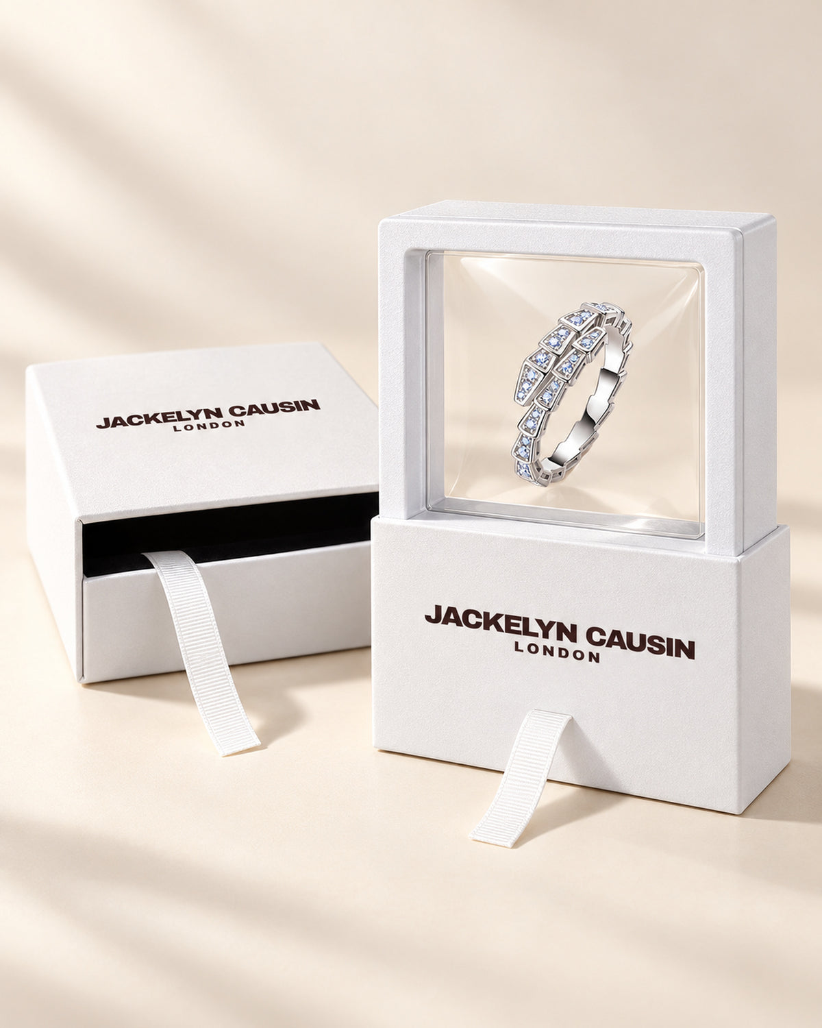 Moissanite ring with JACKELYN CAUSIN LONDON jewellery packaging