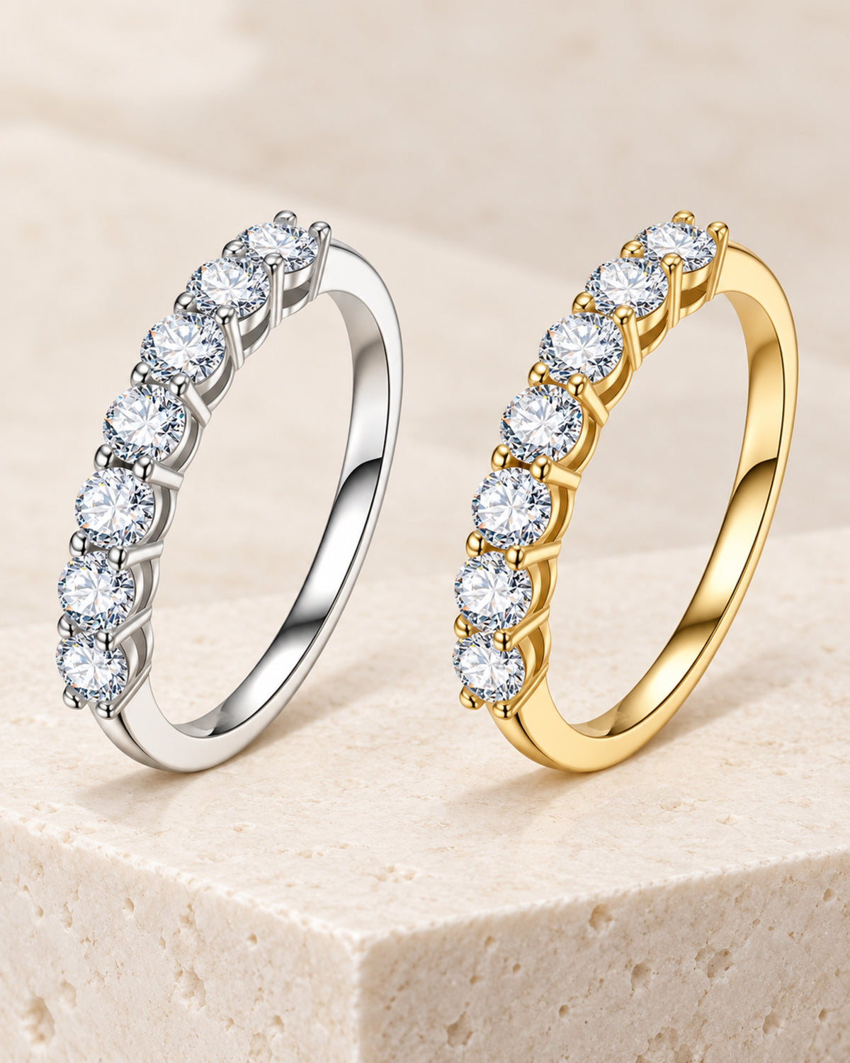 Silver tone and 14K gold tone seven-stone moissanite rings