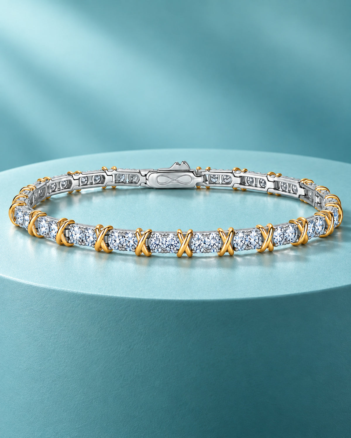 Two-tone moissanite bracelet with 4 mm round stones on turquoise display