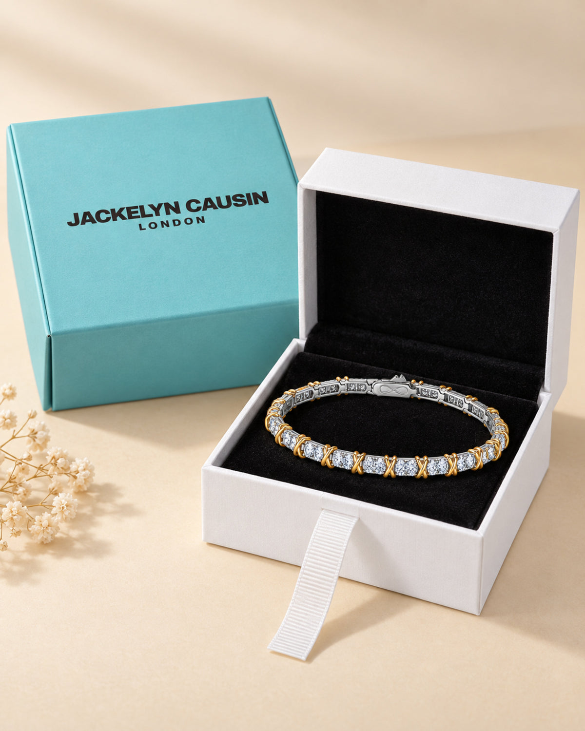 Two-tone moissanite bracelet with JACKELYN CAUSIN jewellery packaging